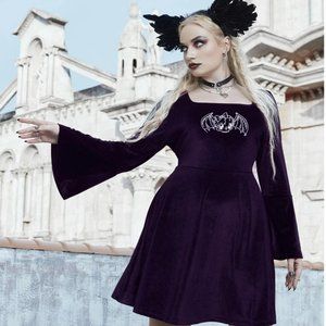 Cartoon Bat Flounce Sleeve Velvet A-line Dress